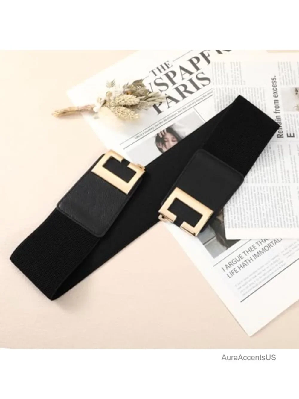 Wide Elastic Belt with Gold Buckle Stretchy Waist Belt for Dresses